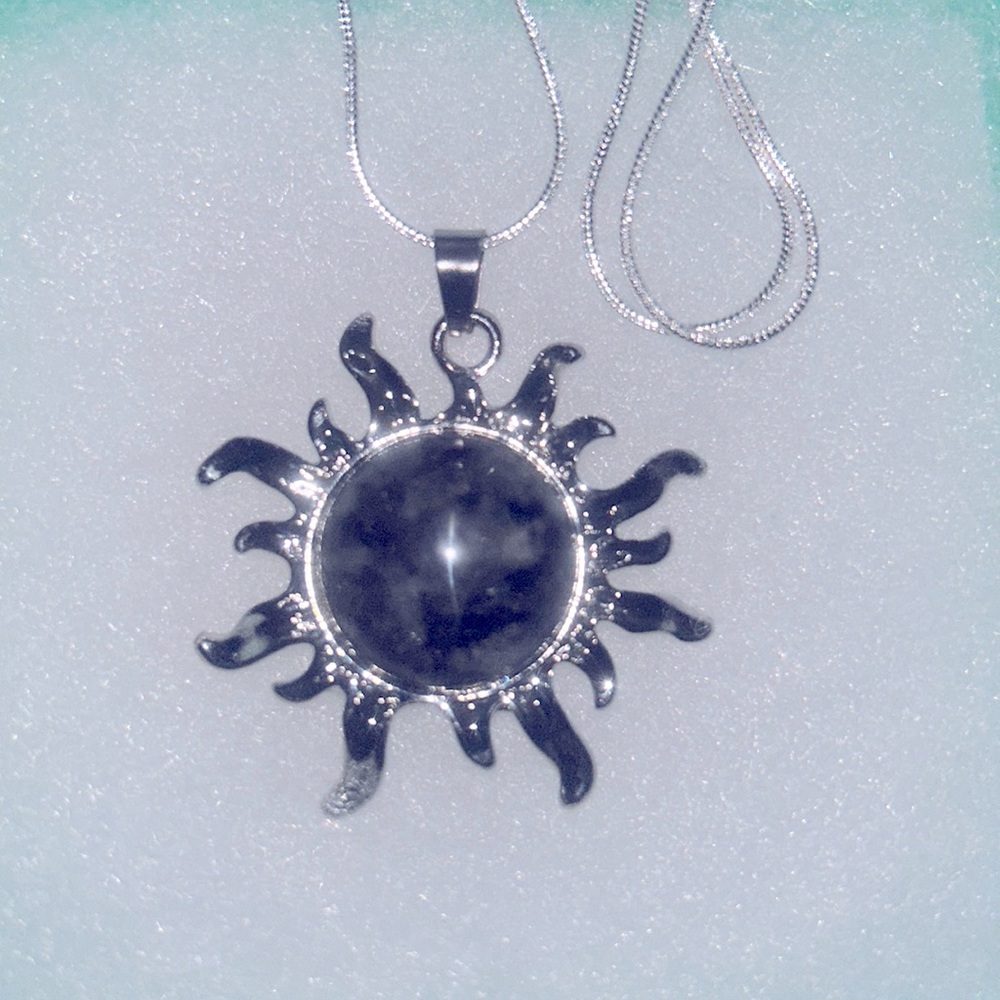 Boho hippie Larvikite Crystal Sun Sterling Silver Necklace 16”